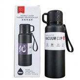 فلاسک مسافرتی ۶۰۰ میل مدل VACUUM CUP رنگ مشکی در کنار جعبه محصول