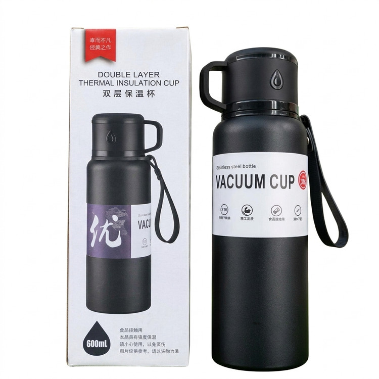 فلاسک مسافرتی ۶۰۰ میل مدل VACUUM CUP رنگ مشکی در کنار جعبه محصول