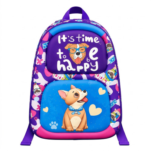 کوله پشتی فانتزی مهدکودک بنفشرنگ با طرح برجسته فایبرگلاس سگ و عبارت It's time to be happy