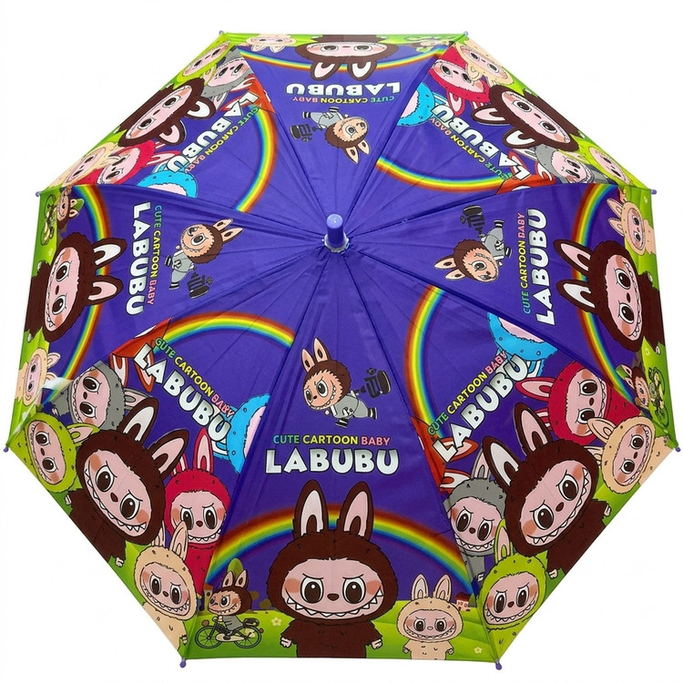 چتر شمعی فانتزی بازشده به رنگ بنفش با چاپ کامل کاراکترهای کارتونی محبوب لبوبو (Labubu) و طرح رنگینکمان